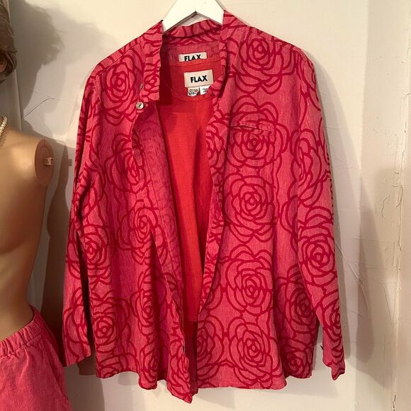 FLAX Jeanne Engelhart Women’s Linen Three Piece Coral Pink Rose Print Set - Picture 12 of 16